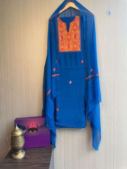 Royal Blue Kashmiri Sozni Hand Embroidered 3 Piece Unstitched Kurta, Salwar & Dupatta