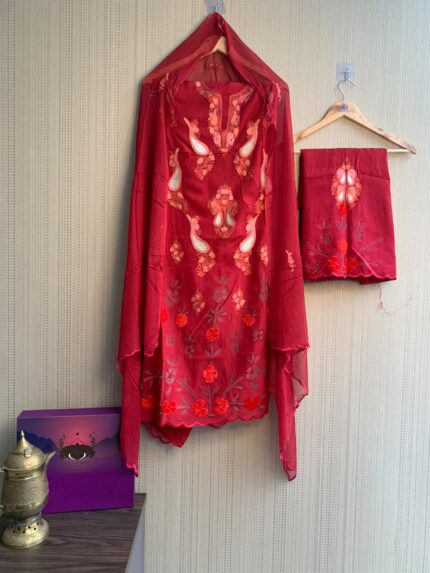 Red Color Kashmiri Sozni Embroidered 3-Piece Unstitched Kurta, Salwaar & Dupatta |