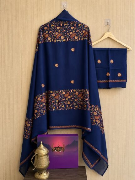 Royal Blue oyal Blue Kashmiri Sozni Hand Embroidered 3 Piece Unstitched Kurta, Salwar & Dupatta