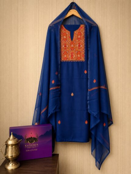 Royal Blue Kashmiri Sozni Hand Embroidered 3 Piece Unstitched Kurta, Salwar & Dupatta